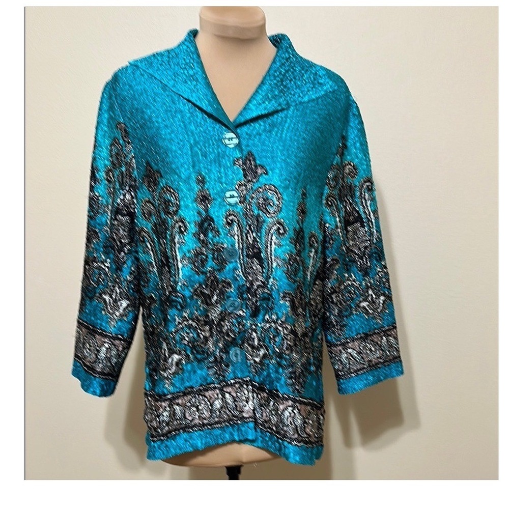 Joni B Womens Turquoise Paisley Crinkle Blouse 3/4 Sleeve Button Front Top Large
